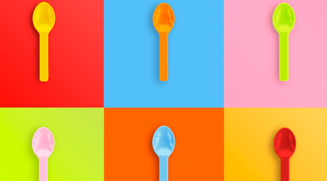 Vegware eco-packaging tutti frutti spoons in trendy bright colours, for ice cream and frozen yoghurt