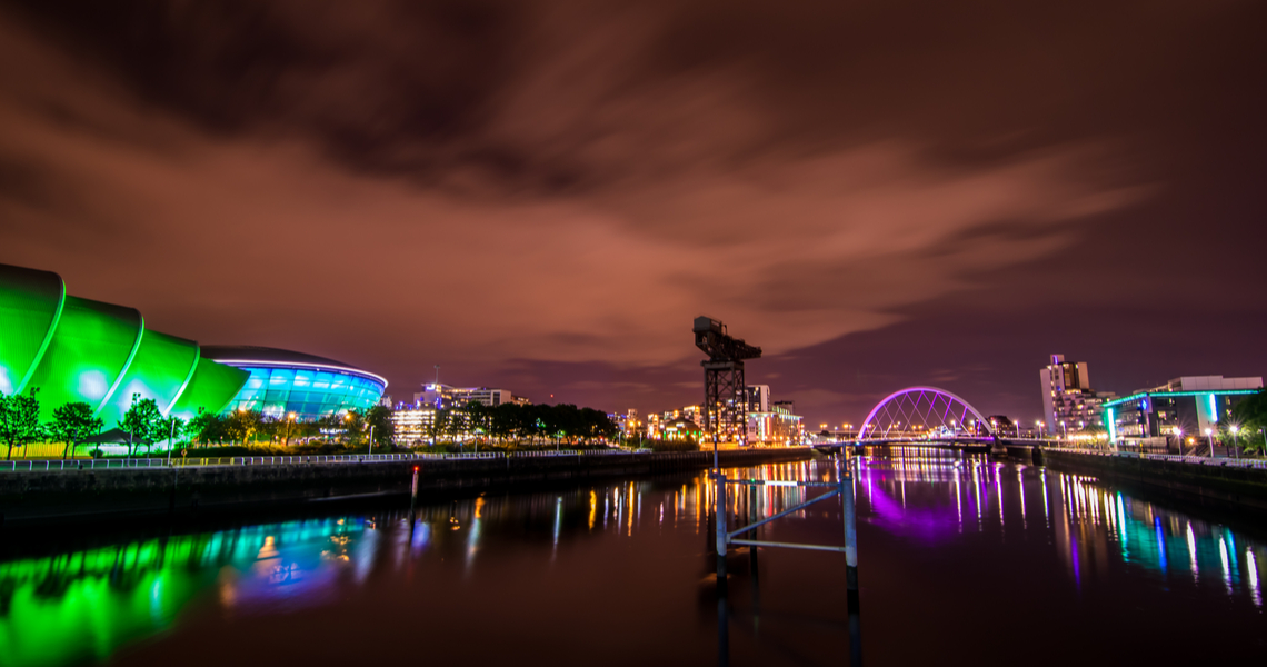 Glasgow skyline at night. Looking over the clyde