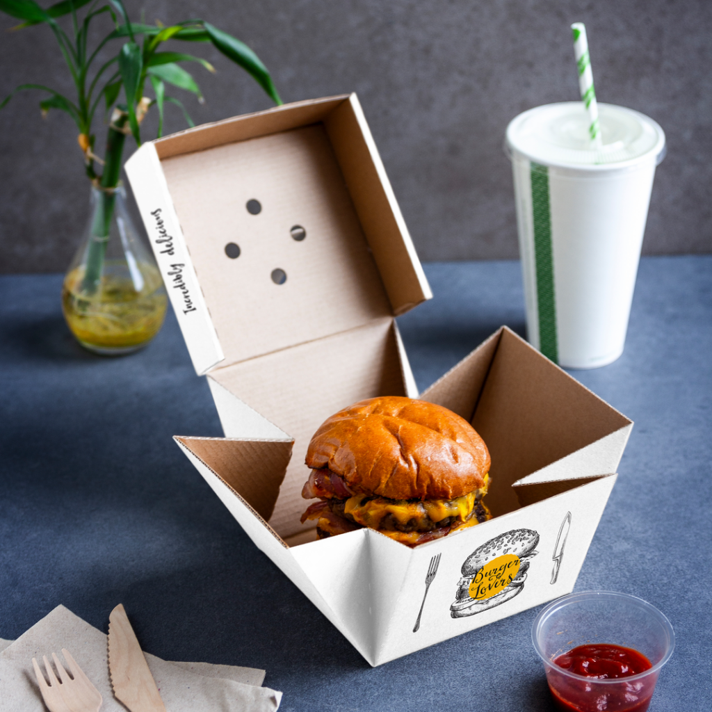 Fold-out premium burger box. For individual burgers. The practical fold-out design turns the box into a plate for dining. Good quality thickness, made from recycled unbleached board.