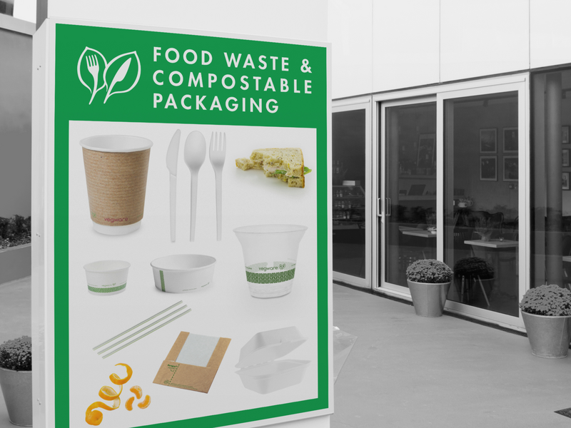 Composting waste stream bin signage designed by Vegware's Environmental team