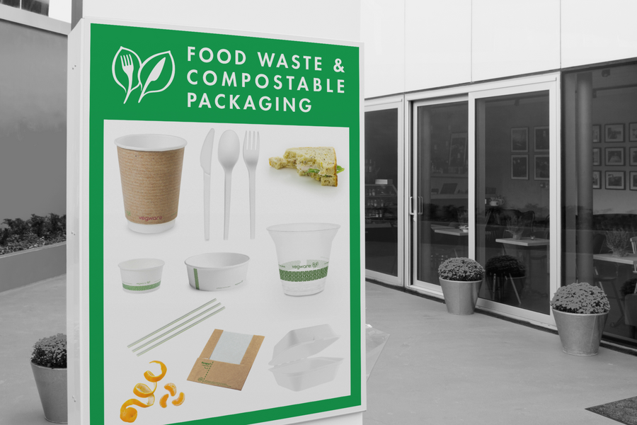 Composting waste stream bin signage designed by Vegware's Environmental team