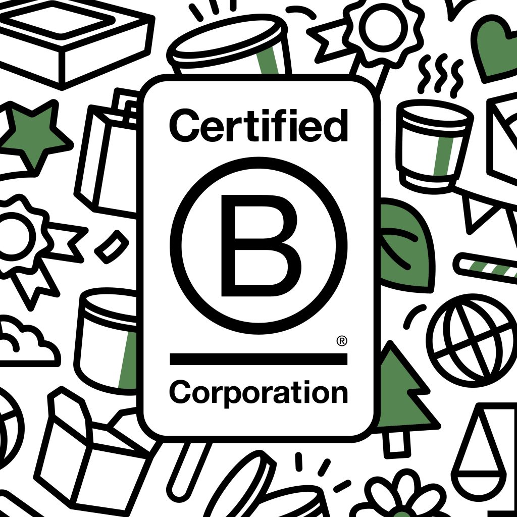 Certified B Corporation logo on an illustrated Vegware background