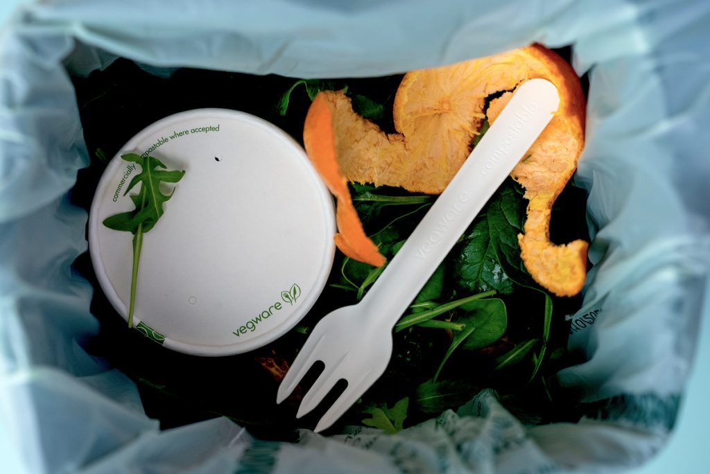 Used Vegware in a food waste bin