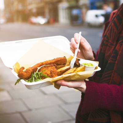 Fish and chips served in a Vegware Nourish moulded fibre takeaway box.