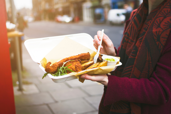 Fish and chips served in a Vegware Nourish moulded fibre takeaway box.